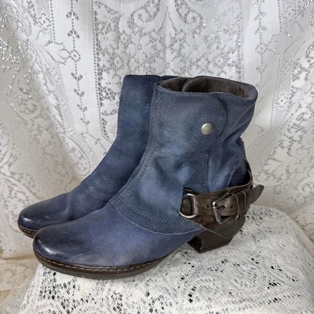 Miz Mooz Evelyn Blue Waxed Suede Leather Moto Ankle Boots Size 38